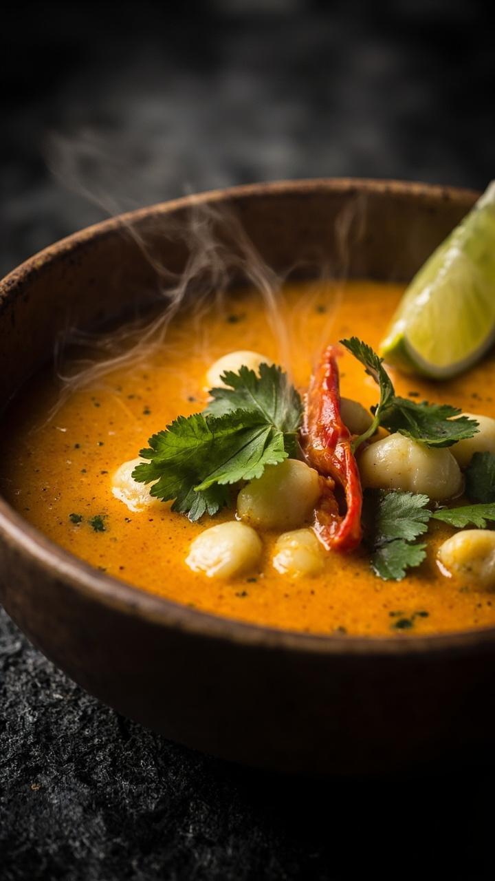 Creamy pale orange coconut broth with gnocchi, bright green cilantro leaves and thinly sliced red chili, small lime wedge on the side, served in a deep bowl on a dark cloth