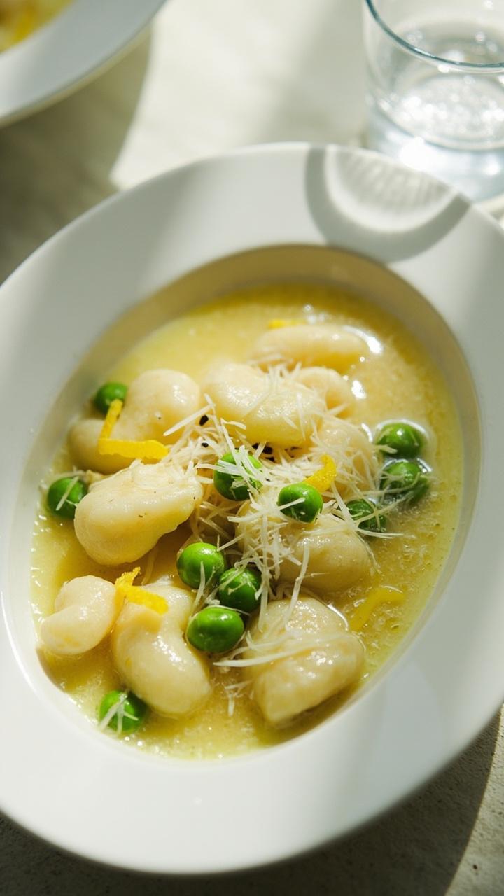 Pale lemony broth with green peas and gnocchi, a fine dusting of grated Parmesan and thin lemon zest strips, served in a shallow white bowl with a small glass of water beside it