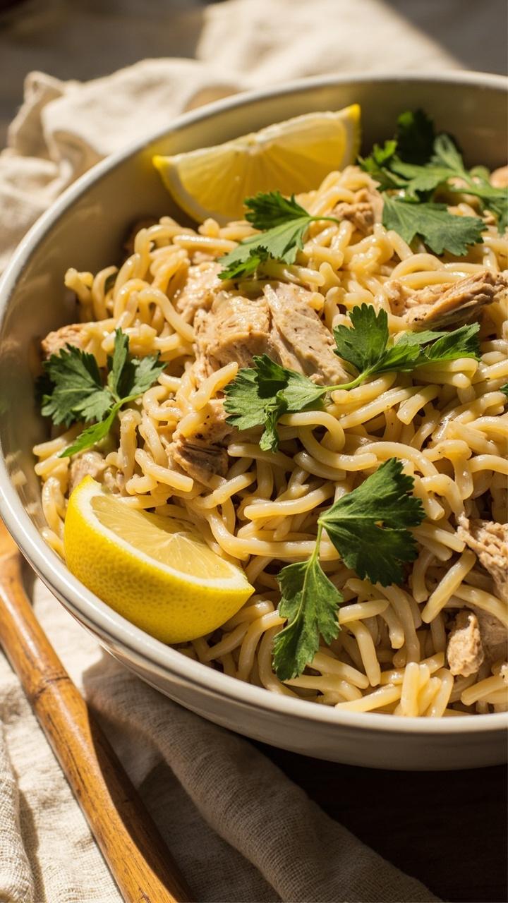 A shallow white ceramic bowl filled with glossy orzo tossed with shredded chicken, bright green parsley leaves scattered on top, two lemon wedges on the rim, a linen napkin and a wooden spoon beside the bowl