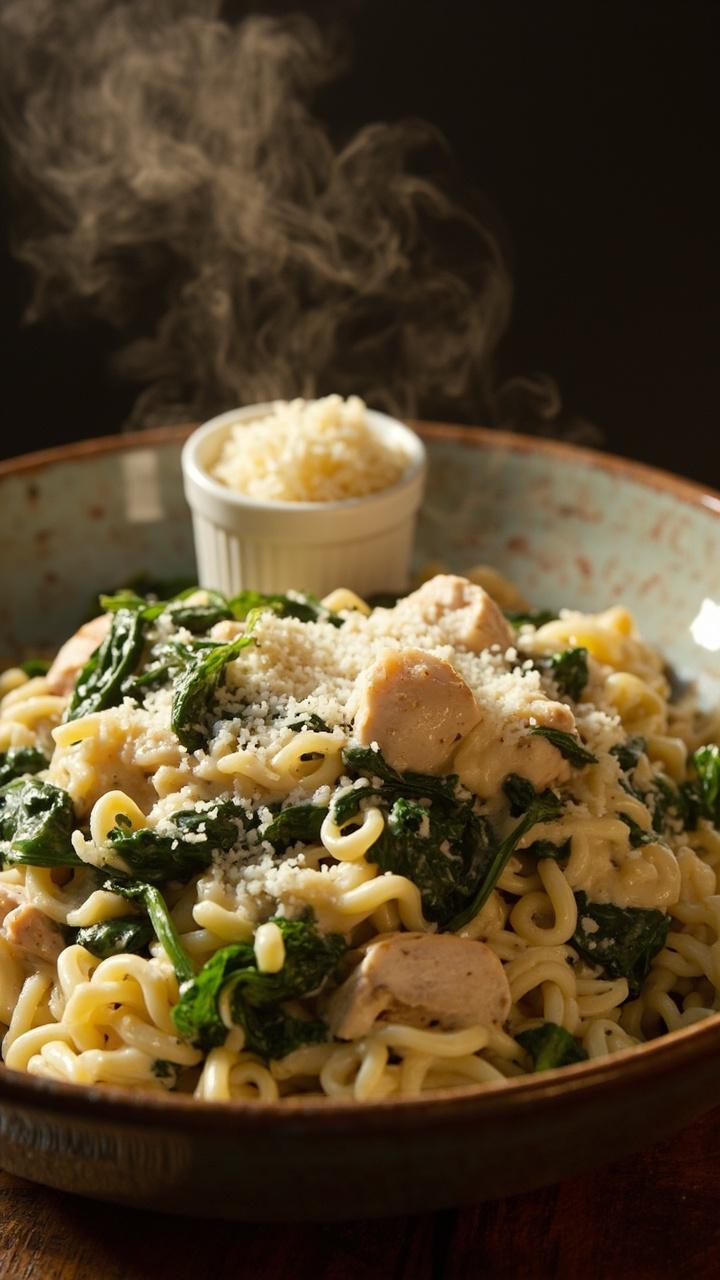A deep bowl of creamy pale sauce coated orzo studded with wilted dark green spinach and bite sized chicken pieces, a sprinkle of grated parmesan on top, a small ramekin of extra cheese beside the bowl on a wooden board