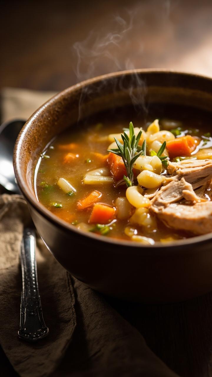 A deep ceramic soup bowl filled with golden broth, plump orzo, shredded chicken, sliced carrots and chopped celery, a sprig of thyme laid on top, a soup spoon and a folded napkin nearby