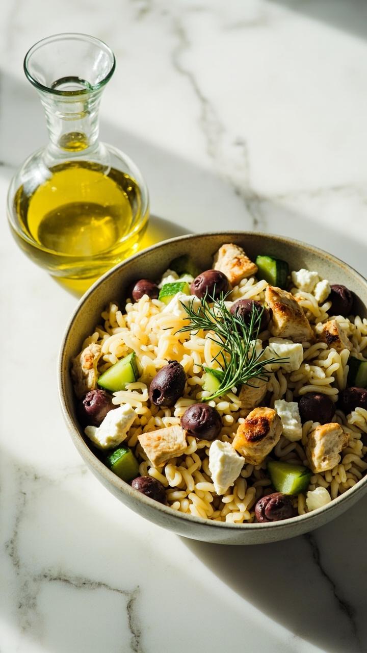 A shallow bowl of orzo tossed with diced chicken, crumbled white feta, halved Kalamata olives, chopped cucumber and a scattering of chopped dill, served on a light marble surface with a small olive oil pourer