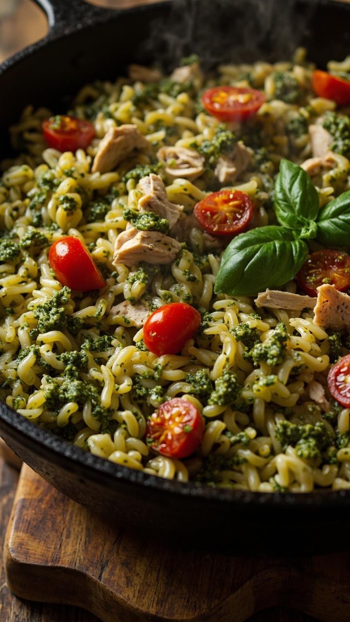 A cast iron skillet filled with glossy green pesto coated orzo, shredded chicken, halved cherry tomatoes scattered on top, a few whole basil leaves for garnish, set on a rustic wooden trivet