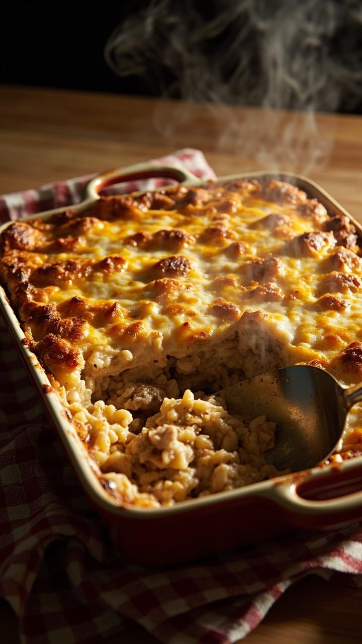 A rectangular baking dish with a golden brown top, edges of cheesy orzo peeking through, baked chicken pieces visible, a serving spatula beside the dish, a checked cloth underneath