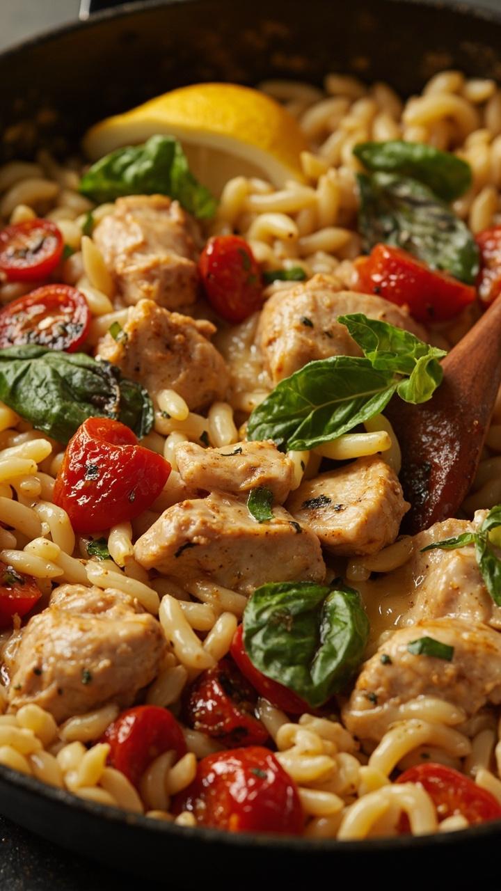 A shallow skillet showing glossy orzo with bite sized chicken pieces and blistered cherry tomatoes, fresh basil leaves scattered on top, a wedge of lemon on the side, a wooden spoon resting in the skillet