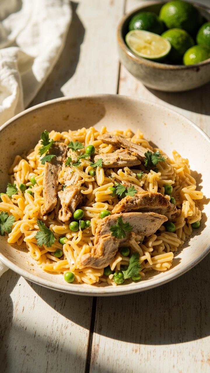 A shallow bowl of creamy pale orange orzo flecked with green peas and slices of chicken, a sprinkle of chopped cilantro on top, a small bowl of lime wedges beside the main bowl on a pale wooden table
