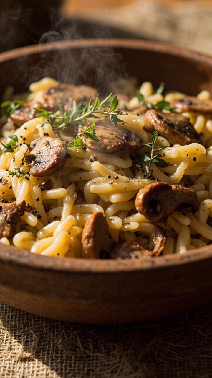 A rustic bowl of golden orzo with sautéed brown mushroom slices and bite sized chicken pieces, small thyme sprigs on top, coarse black pepper visible on the surface, a linen placemat beneath