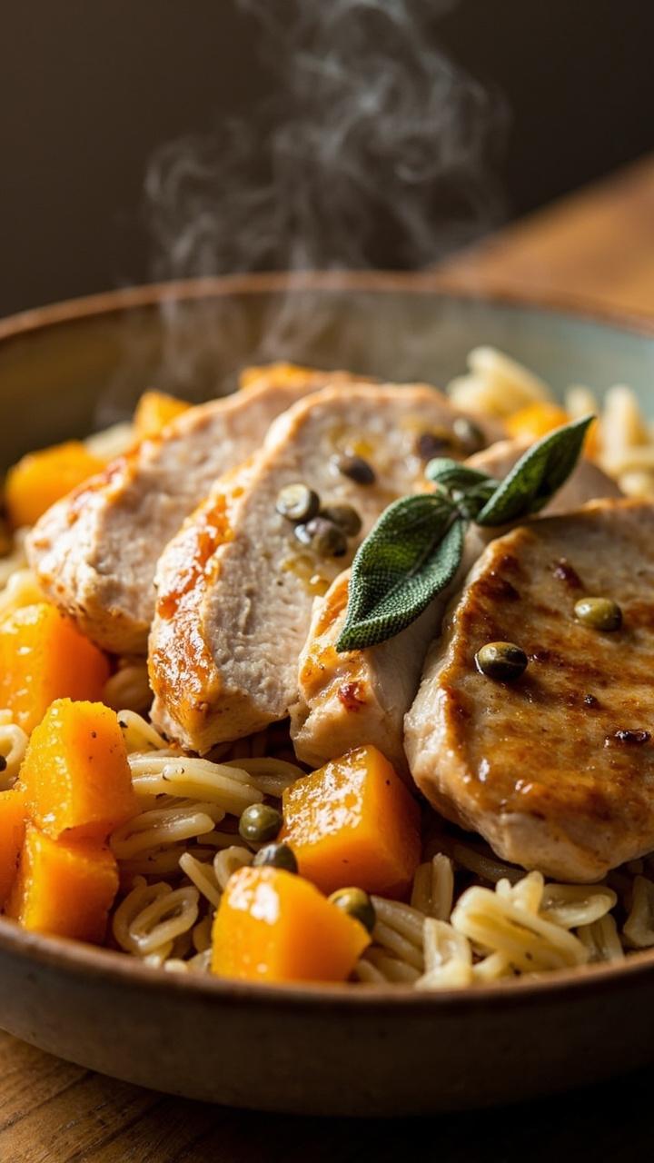 A shallow bowl with golden roasted butternut cubes nestled in buttery orzo, sliced chicken on top, toasted pepitas scattered for crunch, a sprig of sage laid beside the chicken