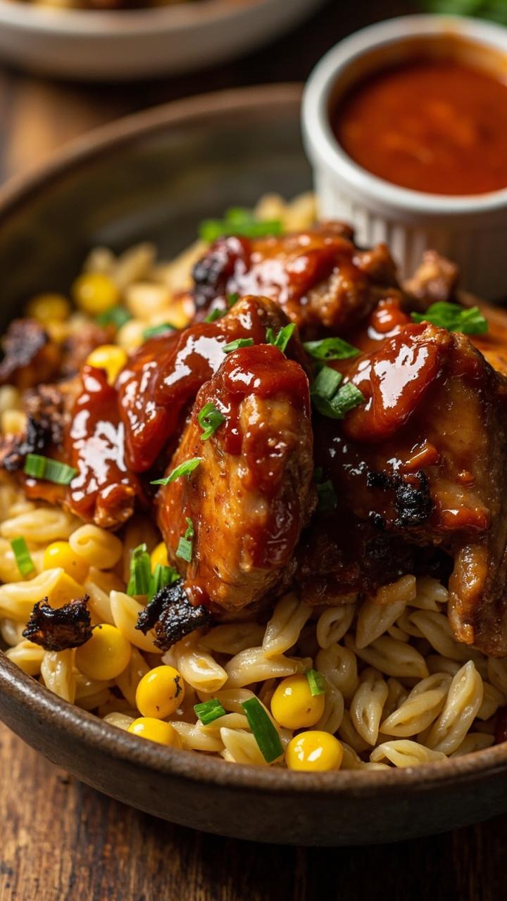 A shallow bowl with glossy orange BBQ sauced chicken pieces on a bed of buttered orzo, charred corn kernels and chopped green onions scattered on top, a small ramekin of extra BBQ sauce on the side