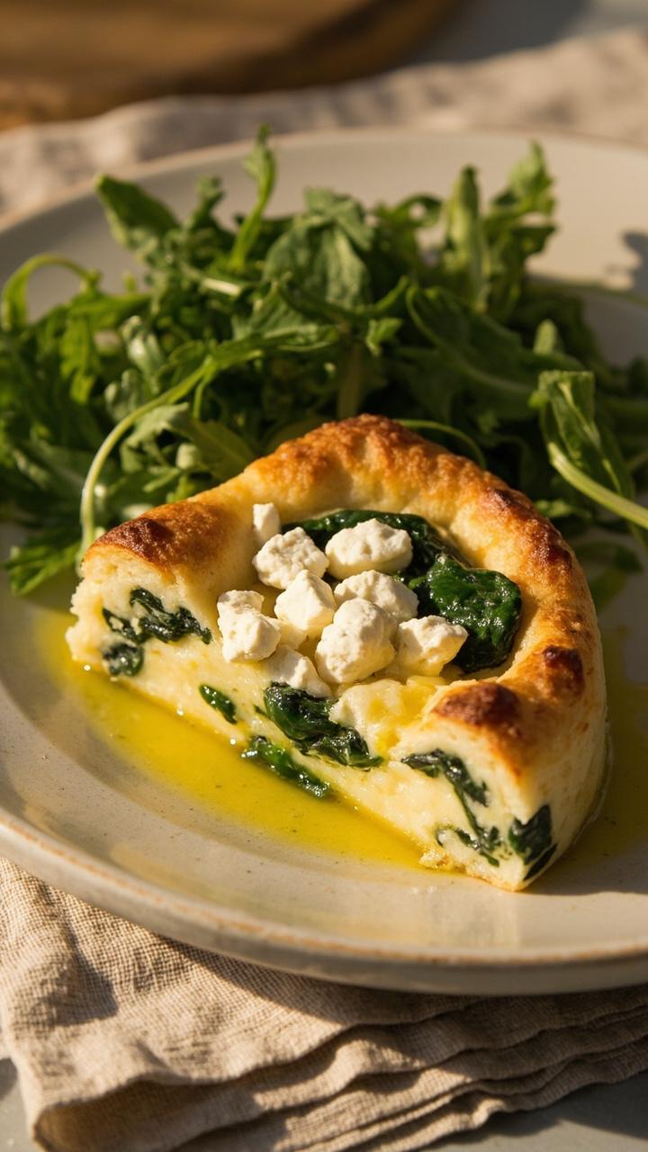 A golden custard wedge studded with crumbled white feta and flecks of deep green spinach on a pale ceramic plate a small salad of arugula with lemon vinaigrette on the side and a linen napkin beneath