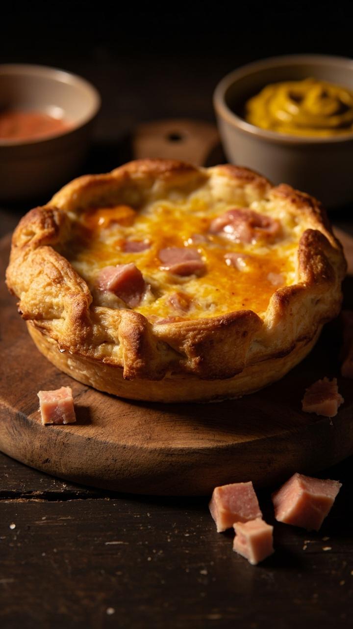 A firm golden quiche filled with diced pink ham and melted orange cheddar on a wooden cutting board a few extra ham cubes nearby and a small bowl of mustard on the side