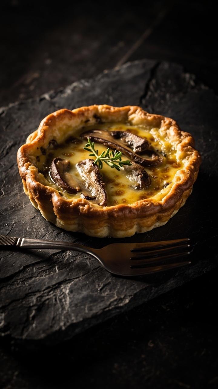 A creamy quiche with browned mushroom slices and melted pale yellow Gruyere on top set on a slate tile a fork resting beside it and a small sprig of thyme as garnish