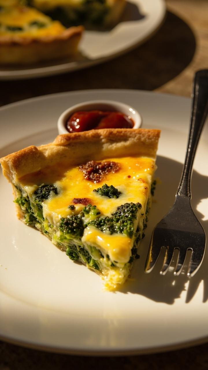 A thick slice of quiche with bright green broccoli florets peeking through and melted cheddar browning on top on a white plate a small ramekin of ketchup nearby and a child’s fork to the side