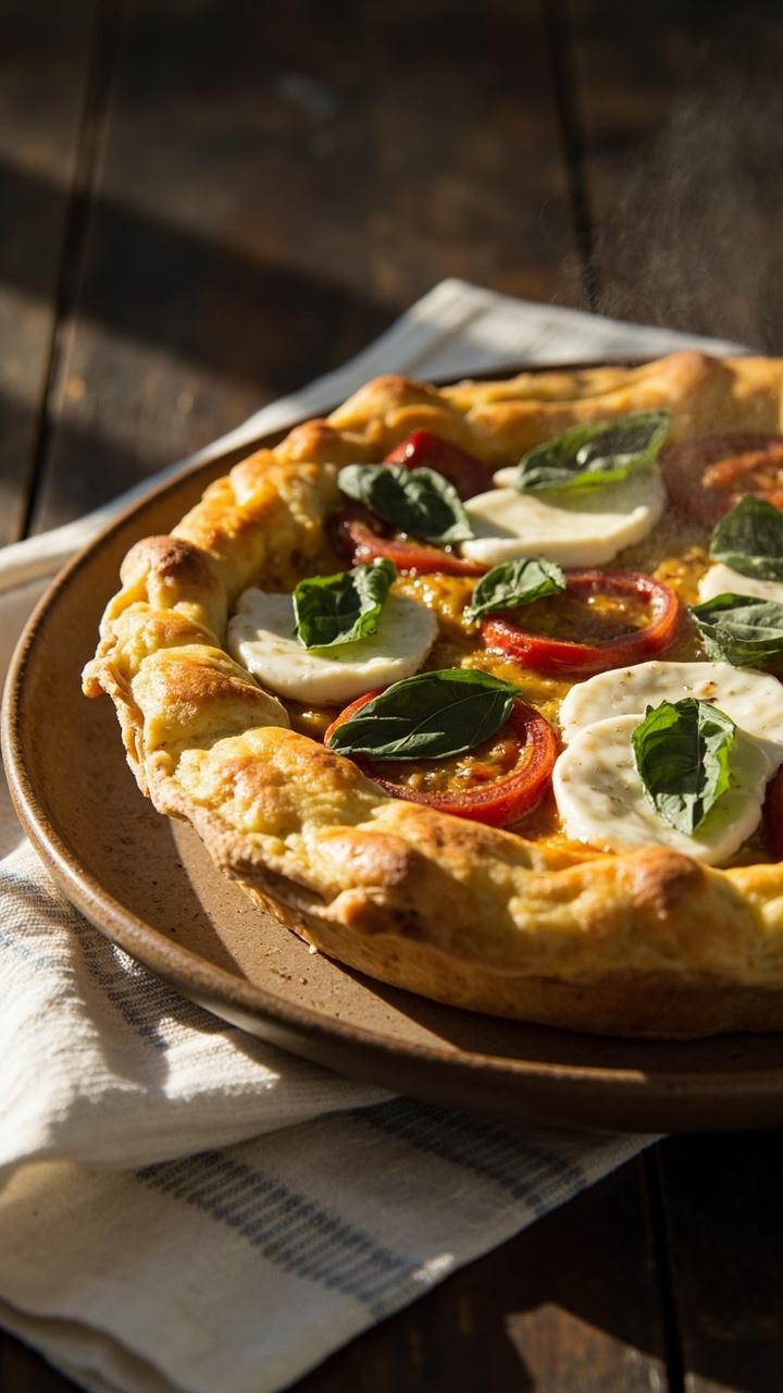 A pale yellow quiche with slices of red tomato and melted white mozzarella on top dotted with torn green basil leaves on a rustic ceramic plate and a striped cloth napkin beneath