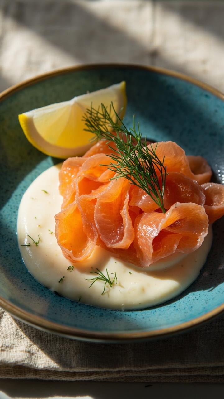 A pale custard flecked with coral ribbons of smoked salmon and green dill sprigs served on a small blue plate with a lemon wedge and a linen napkin