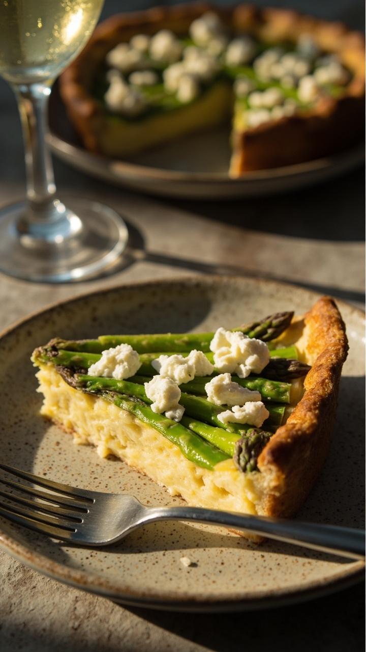 A slice of pale yellow quiche with bright green asparagus tips arranged on top and soft white crumbles of goat cheese sprinkled over it on a ceramic plate with a fork and a glass of white wine nearby