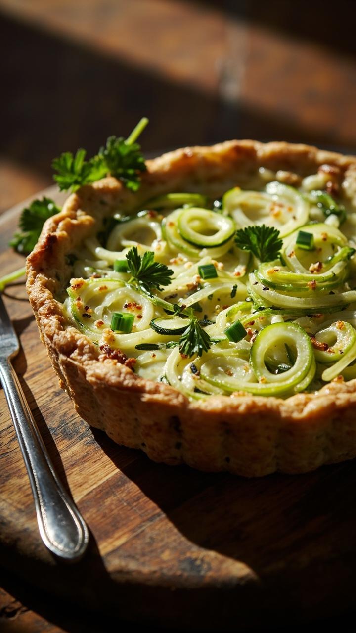 A slightly greenish quiche with thin ribbons of zucchini visible and flecks of chopped parsley and chives on top on a wooden board a small herb sprig for garnish and a fork beside it