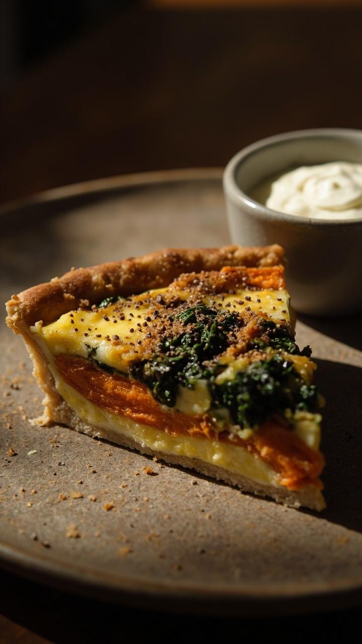 A dense slice of quiche with thin orange ribbons of sweet potato and dark green kale pieces inside topped with a sprinkling of black pepper on a rustic plate and a small bowl of plain yogurt on the side