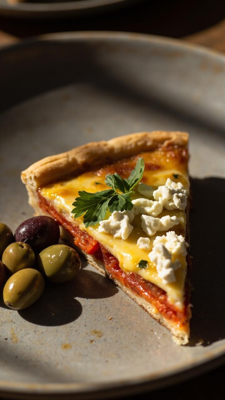 A slice of quiche with bright strips of roasted red pepper and white goat cheese crumbles peeking through on a neutral plate garnished with a few parsley leaves and a small side of mixed olives