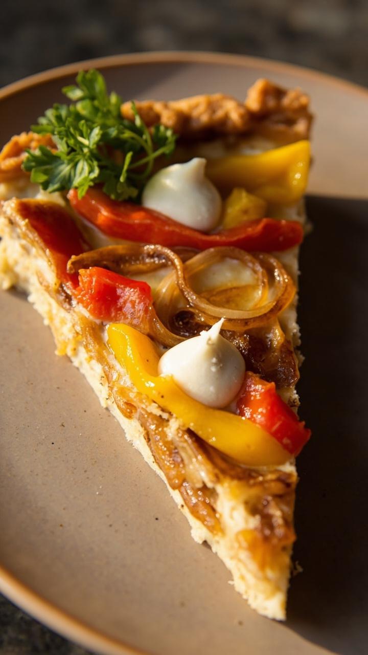 A slice of quiche with strips of red and yellow bell pepper and thin caramelized onion ribbons visible on top with small dollops of white goat cheese and a sprig of parsley on a plate
