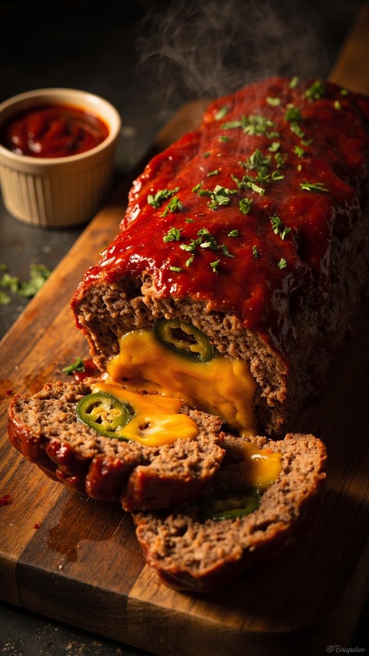 A sliced meatloaf on a wooden board with bright orange melted cheddar oozing from the center, thin green jalapeño slices peeking through, a spoonful of glossy ketchup glaze on top, a scattering of chopped parsley, and a small ramekin of extra glaze beside the board.