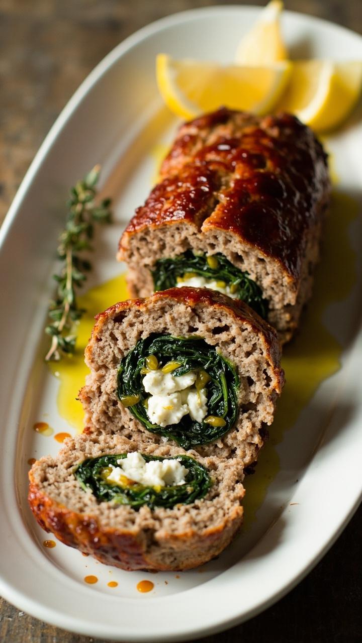 A sliced turkey meatloaf on a white oval platter with visible creamy white feta crumbles and bright green spinach in the center, a drizzle of olive oil, lemon wedges at the side, and a sprig of oregano as garnish.