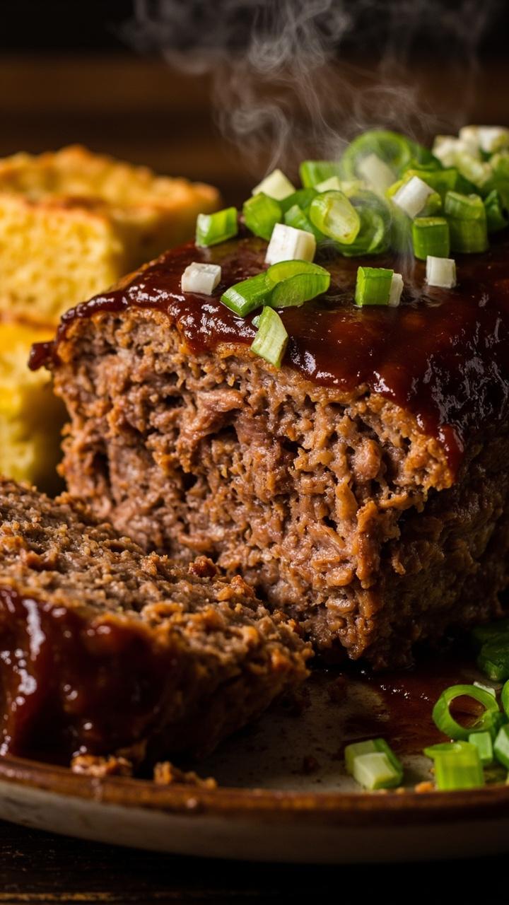 A thick meatloaf cut to reveal a ribbon of saucy pulled pork inside, glossy barbecue sauce brushed on top, a small stack of cornbread squares nearby, and a scattering of chopped green onions.