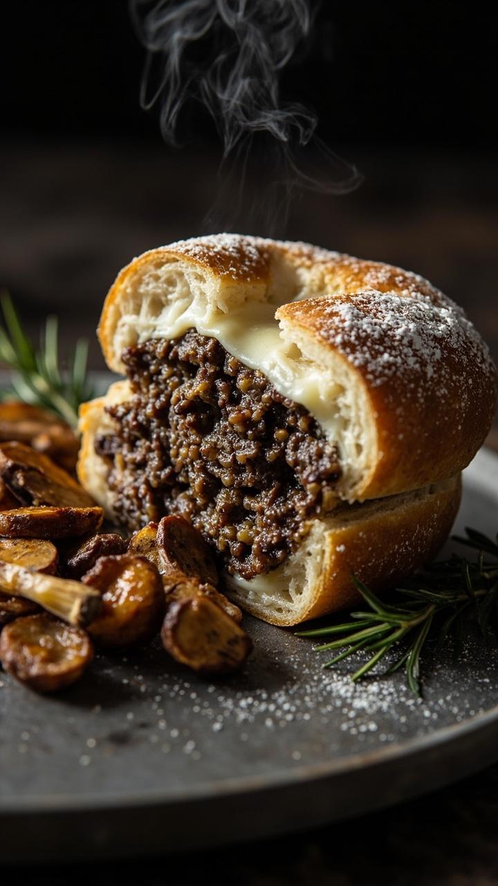 A round loaf sliced to show a dark, finely textured mushroom filling and pale melted Swiss, placed on a gray stone plate, a few sautéed mushroom caps beside it, and a rosemary sprig garnish.