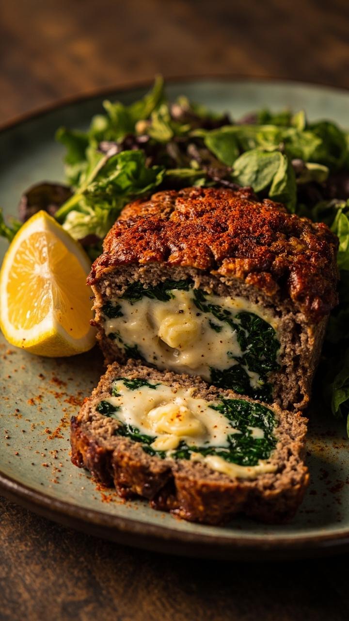 A thick slice of meatloaf on a ceramic plate with a creamy white and green filling of spinach and artichoke, a light sprinkle of paprika on top, a lemon wedge at the side, and a small salad of mixed greens.