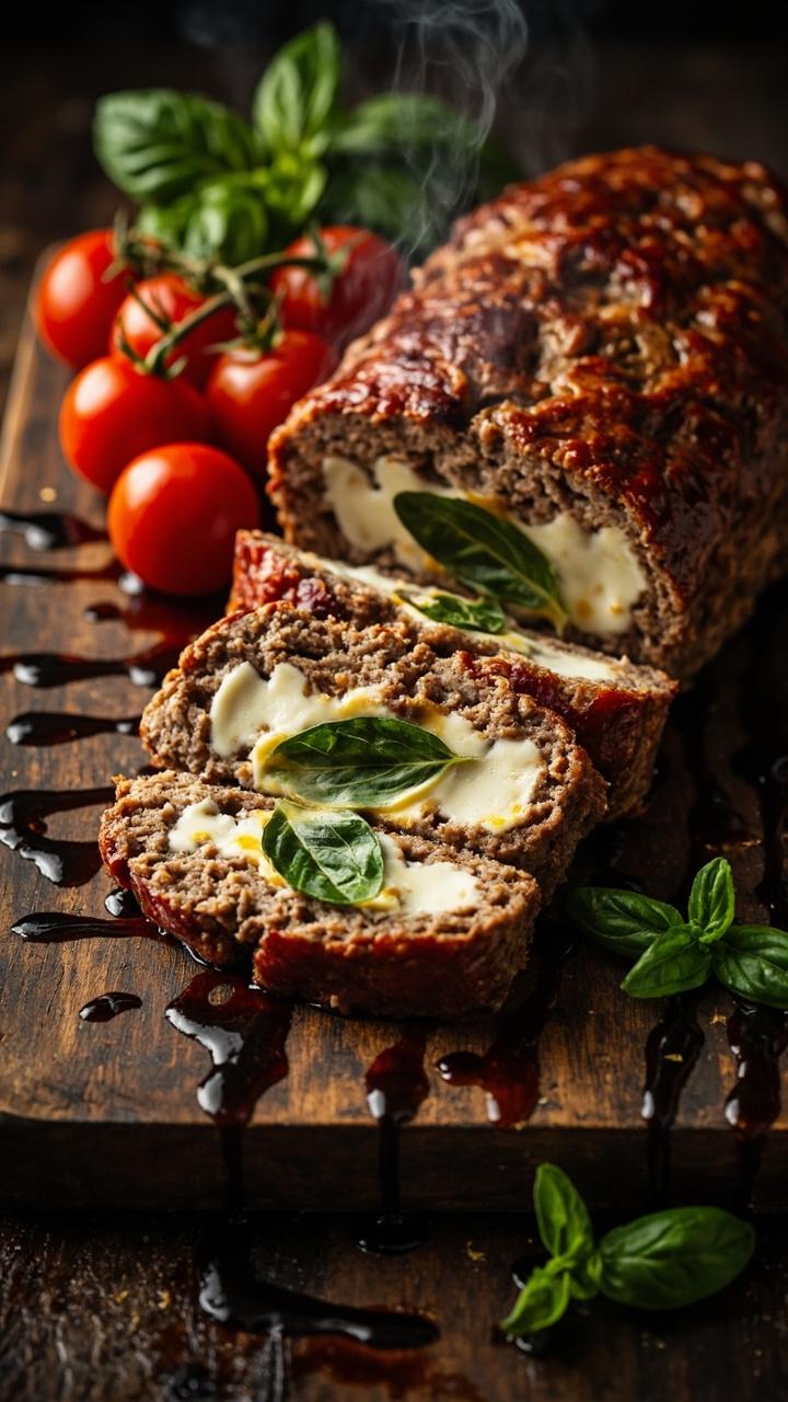 A sliced meatloaf on a wooden board with white mozzarella melting from the center and green basil leaves tucked inside, halved cherry tomatoes and balsamic drizzle on the side, and a few basil leaves scattered on the board.