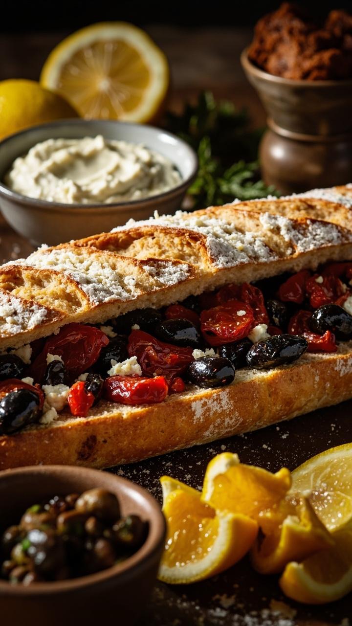 A sliced loaf showing a colorful strip of chopped black olives and deep red sun dried tomatoes, a few crumbled feta flakes on top, a small bowl of tzatziki at the side, and lemon wedges.