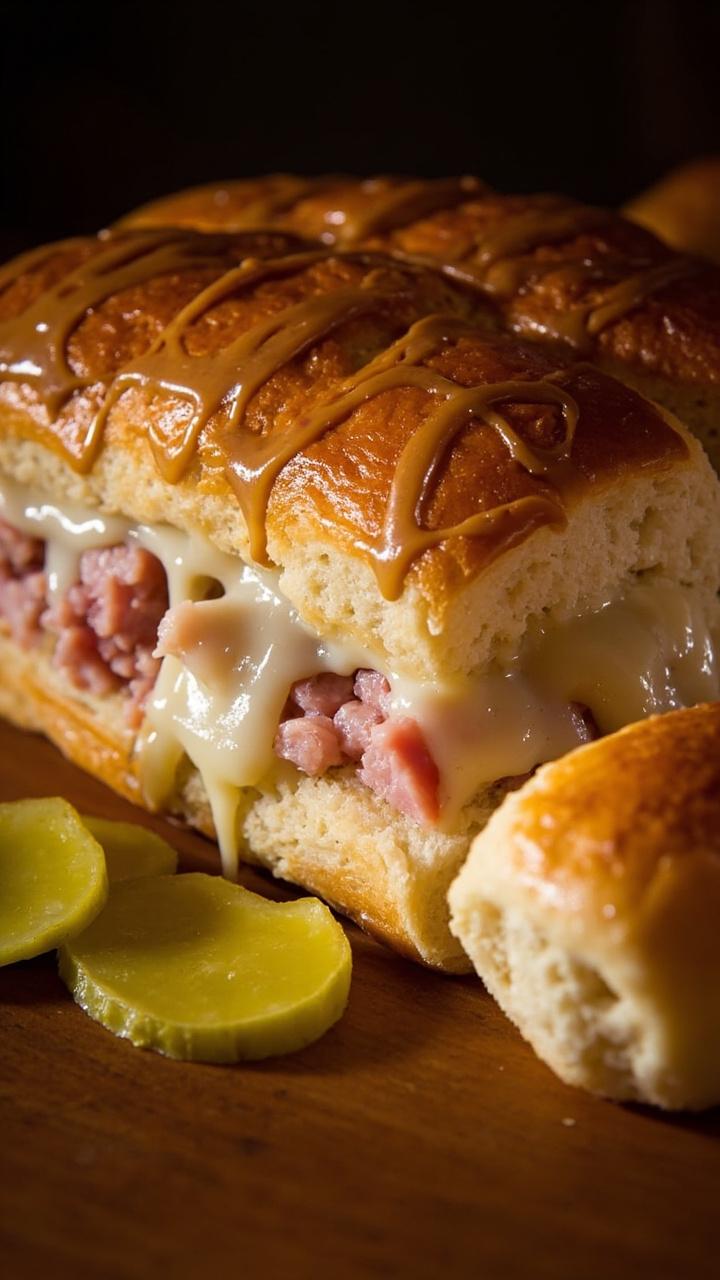 A loaf sliced to reveal a pale Swiss cheese ribbon and diced ham inside, a light smear of brown mustard glaze on top, a few pickle slices on the side, and a soft dinner roll nearby.