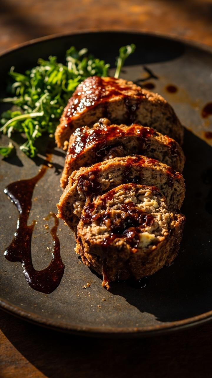 A sliced meatloaf on a dark ceramic plate with a crumbly blue cheese and deep brown caramelized onion center, a drizzle of reduced balsamic on the plate, and a few baby arugula leaves for contrast.