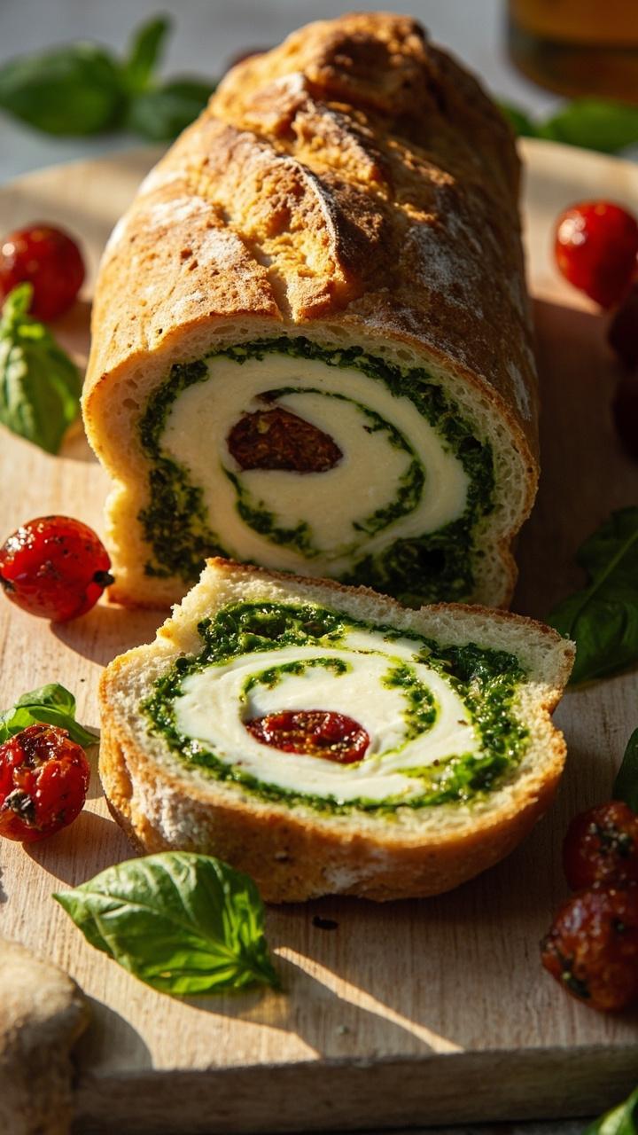 A cut loaf with a vivid green pesto and creamy white goat cheese center studded with red sun dried tomato pieces, served on a light wooden board with basil leaves and a few roasted cherry tomatoes.
