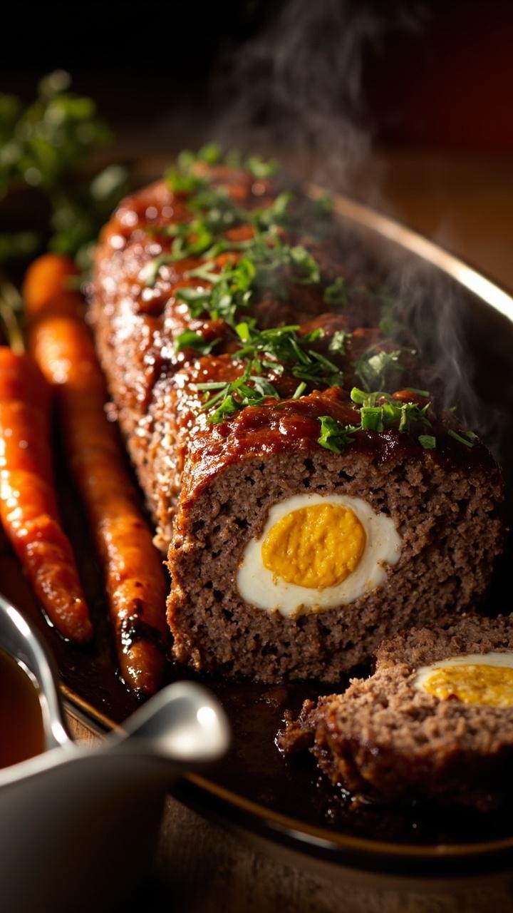 A long meatloaf cut to reveal a neat row of hard boiled eggs in the center, sprinkled with chopped parsley and chives, a side of roasted carrots, and a gravy boat of pan juices.