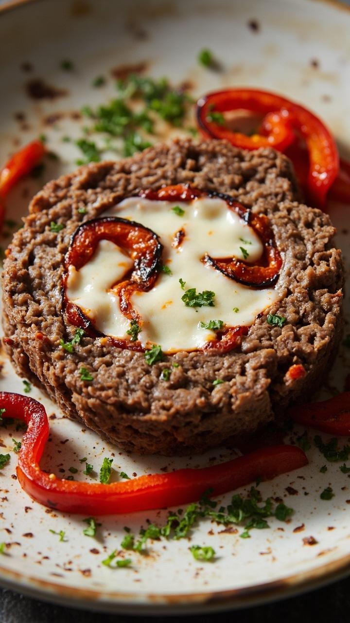 A round meatloaf slice with a pale cream cheese filling streaked with vibrant red roasted peppers, plated on a rustic white dish, a few pepper strips beside it, and a light sprinkle of chopped parsley.