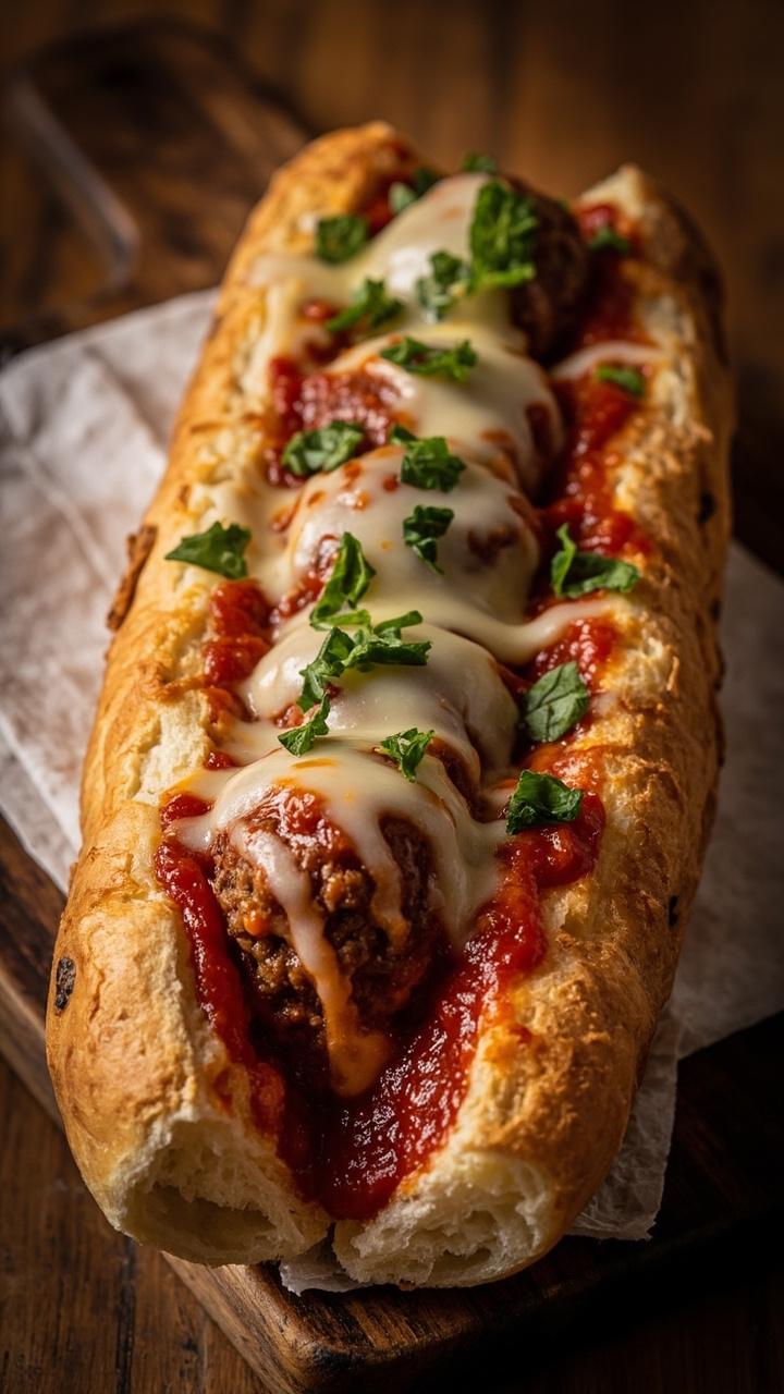 Toasted hoagie roll split open visible melted mozzarella three sauced meatballs heaped inside sprinkled chopped fresh basil napkin folded under the sandwich wooden board background