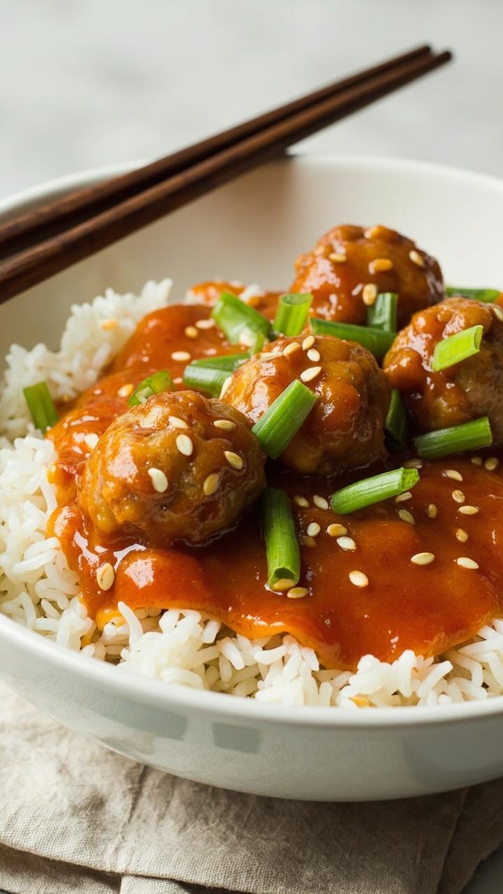 Shallow white bowl with fluffy jasmine rice topped with glossy orange sweet and sour sauce three round meatballs sprinkled sliced green onions and sesame seeds wooden chopsticks resting on the rim light linen napkin