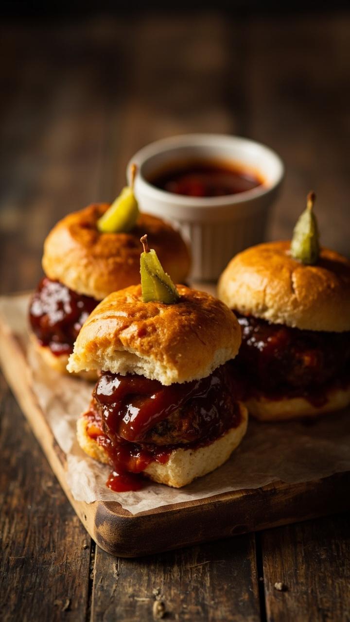 Three mini slider buns on a small wooden board each bun filled with a glossy dark red BBQ sauced meatball a thin pickle slice tucked beside each slider small ramekin of extra BBQ sauce in the background rustic table
