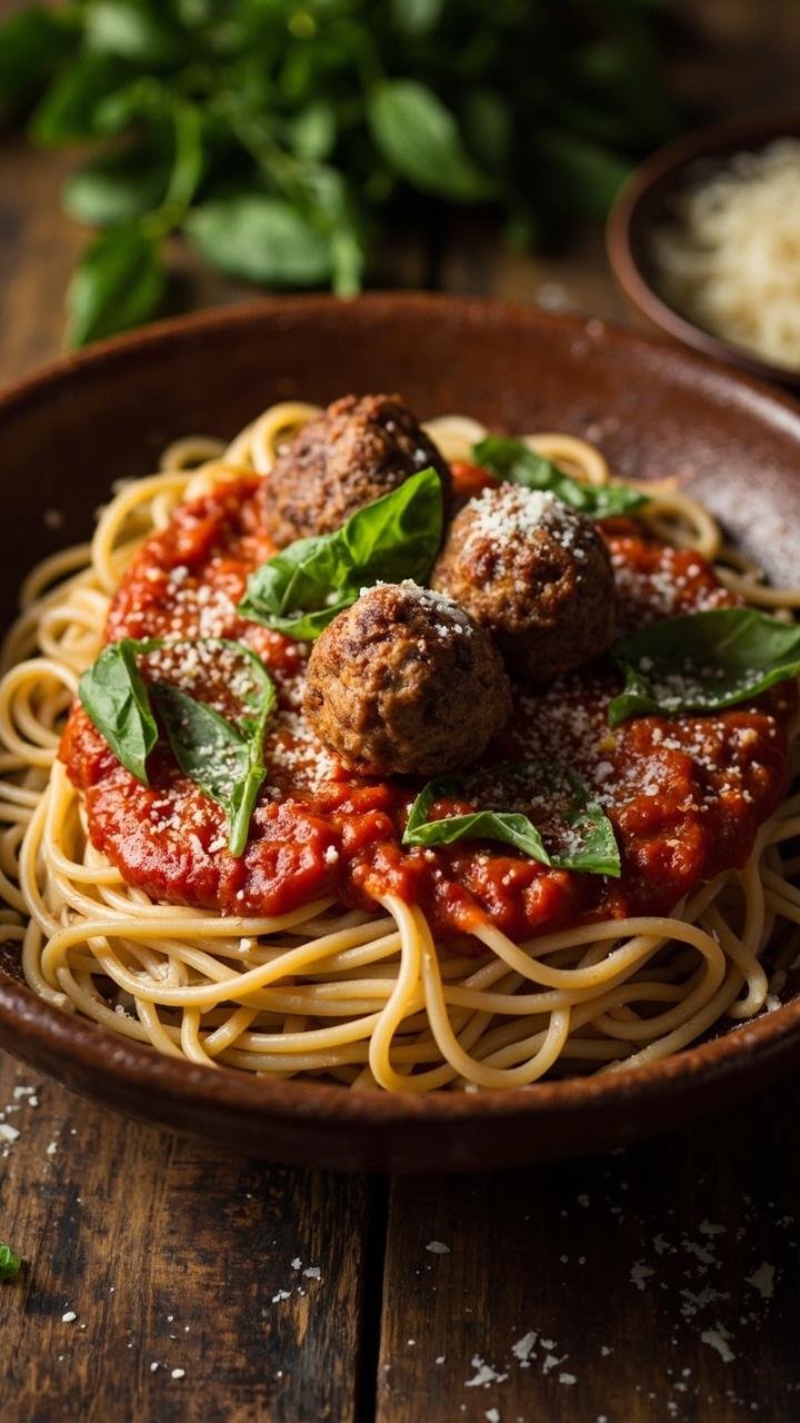 Deep pasta bowl filled with spaghetti tossed lightly with red tomato sauce three meatballs nestled on top torn strips of fresh basil and a light drizzle of olive oil grating of Parmesan on the rim wooden table surface