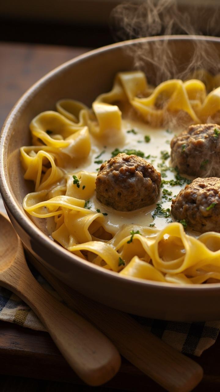 Shallow bowl of buttered egg noodles topped with pale creamy gravy two to three meatballs nestled in the sauce sprinkle chopped parsley on top plain wooden spoon on the side checked cloth napkin