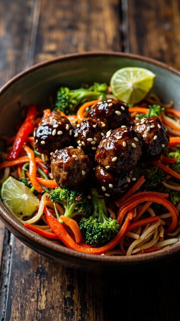 Wide shallow bowl of mixed stir fried vegetables bright green broccoli orange carrot slices red bell pepper strips three glossy soy glazed meatballs on top sprinkle white sesame seeds small wedge lime on the rim dark wood table