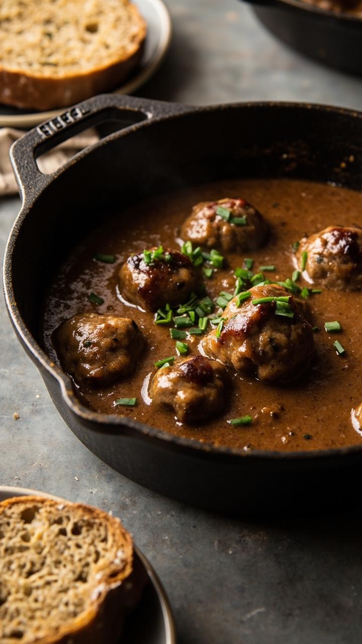 Cast iron skillet with glossy brown mushroom cream sauce several meatballs nestled in the sauce scattered chopped chives crusty bread slice on a small plate beside the skillet neutral stone countertop