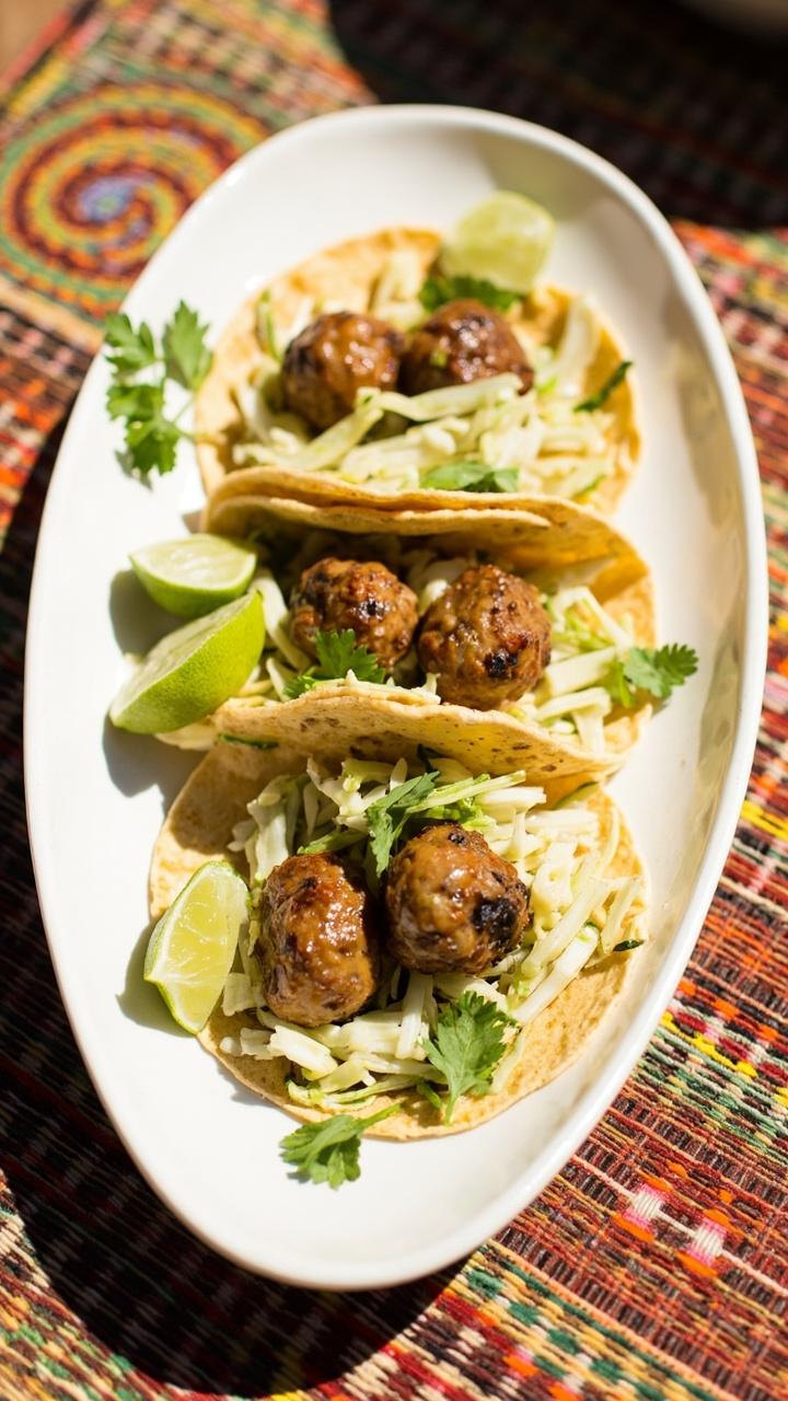 Three small corn tortillas on a long white plate each folded with two meatballs topped with creamy cilantro lime slaw lime wedges and a small scattering chopped cilantro colorful woven placemat underneath