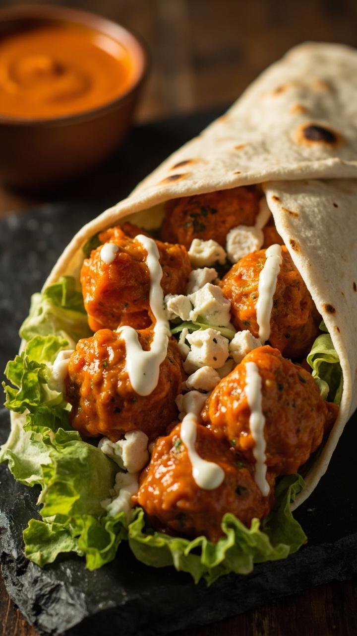 Flour tortilla wrap cut on the bias showing orange buffalo sauced meatballs crisp lettuce and crumbled blue cheese drizzle of ranch on top small bowl of extra buffalo sauce in the background slate serving board