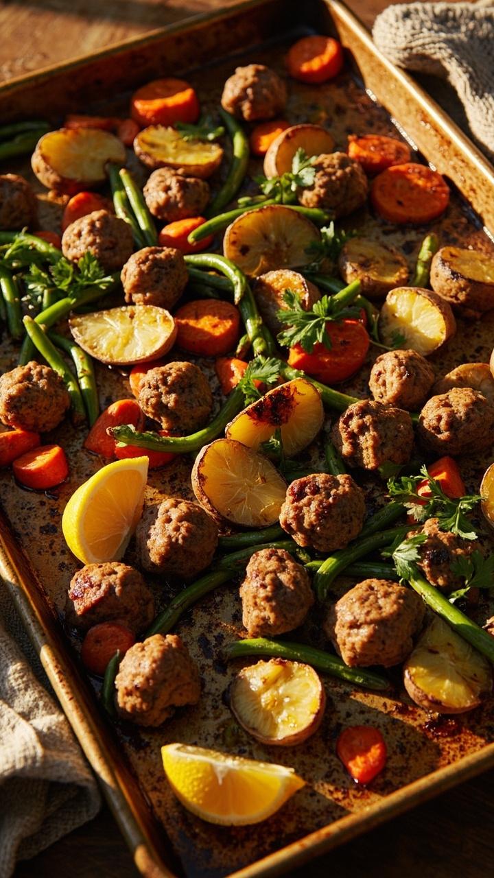 Baking sheet with roasted halved baby potatoes sliced carrots and green beans scattered among small browned meatballs sprinkle chopped parsley and lemon wedges at the corners oven mitt visible at the edge
