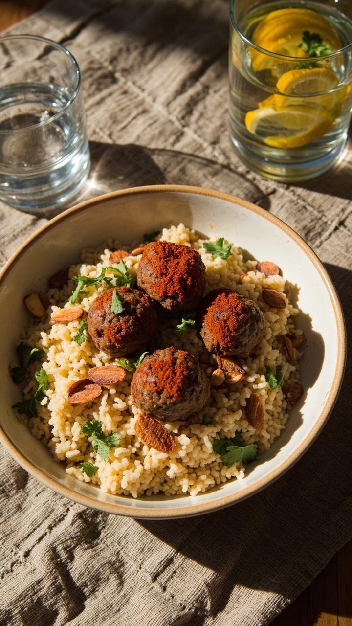 Shallow bowl of fluffy golden couscous topped with three meatballs dusted with paprika scattered toasted almonds and chopped cilantro small carafe of lemon water at the side textured tablecloth