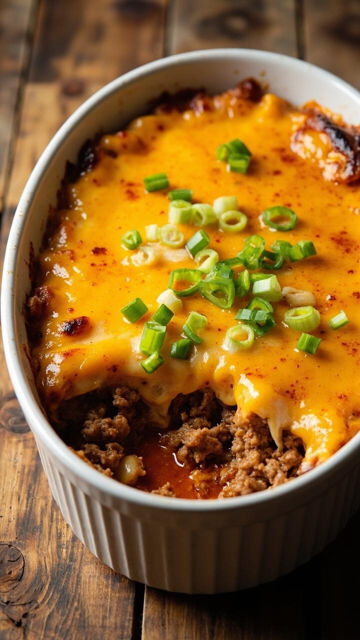 golden melted cheddar bubbling on top browned seasoned ground beef visible through pockets of cheese chopped green onion sprinkle white oval casserole dish on reclaimed wood table