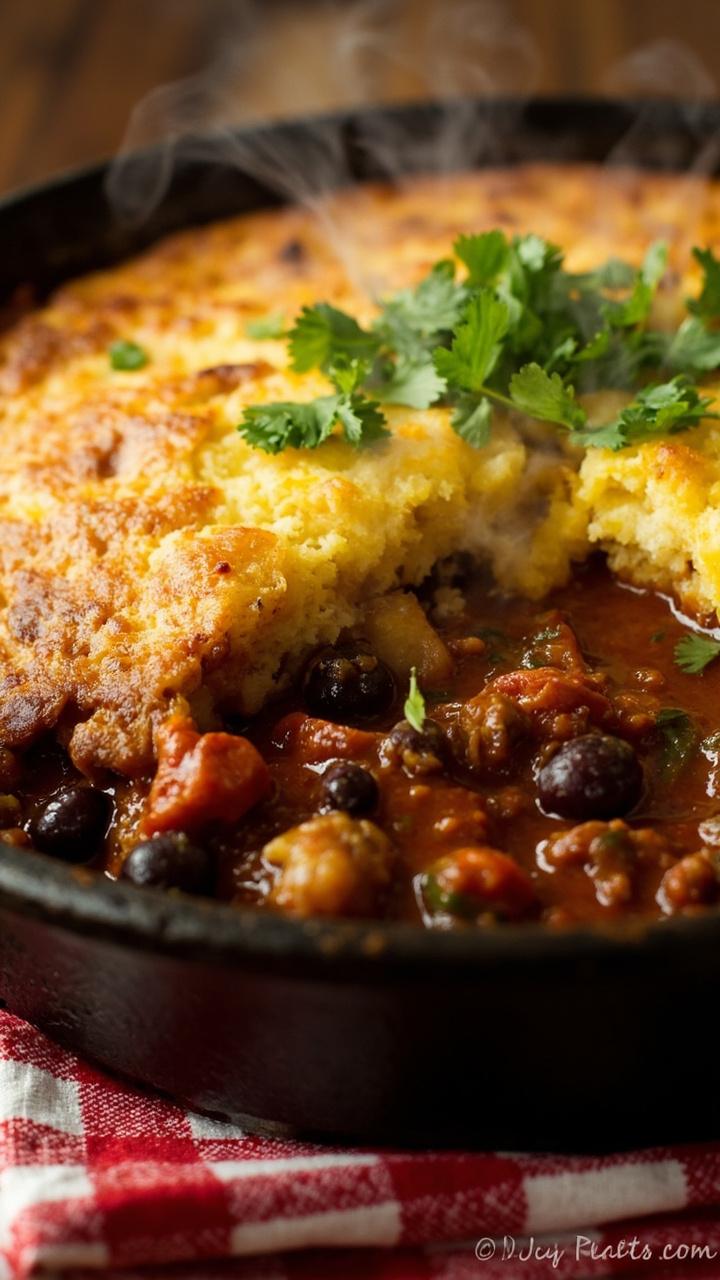 golden cornbread top with toasted edges visible chili spiced beef and black beans peeking through chopped cilantro garnish cast iron baking dish on checked napkin