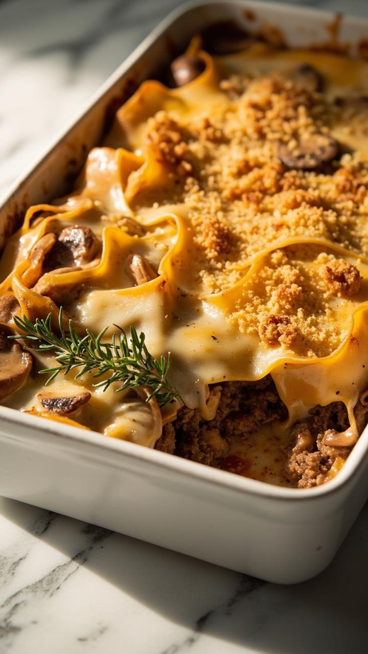 melted Swiss cheese draped over browned beef and sliced sautéed mushrooms toasted breadcrumb sprinkle fresh thyme sprig on side white rectangular casserole on marble countertop